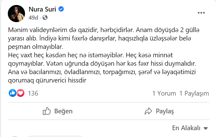 "Mənim də valideynlərim qazidir, amma heç kimdən heç nə istəmirlər"- Nura Suridən ETİRAZ