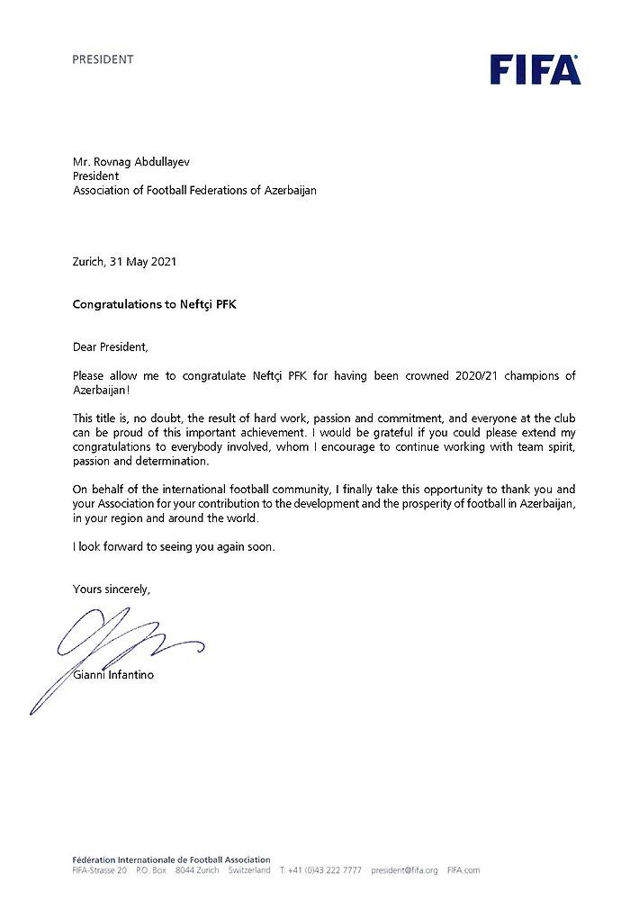 FIFA prezidenti "Neftçi"ni təbrik etdi