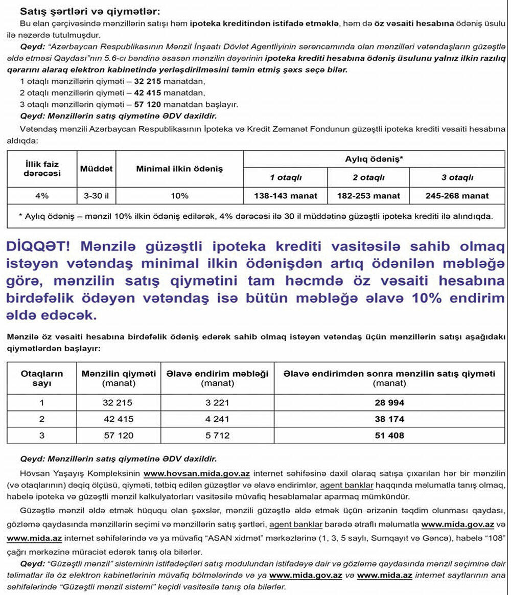 Aylıq ödənişi 138 manatdan başlayan mənzillər satışa çıxarılır