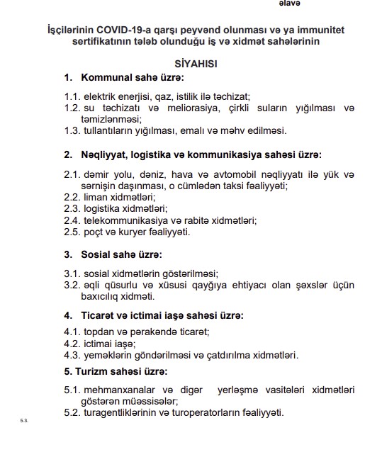Peyvənd tələb olunan iş yerlərinin SİYAHISI