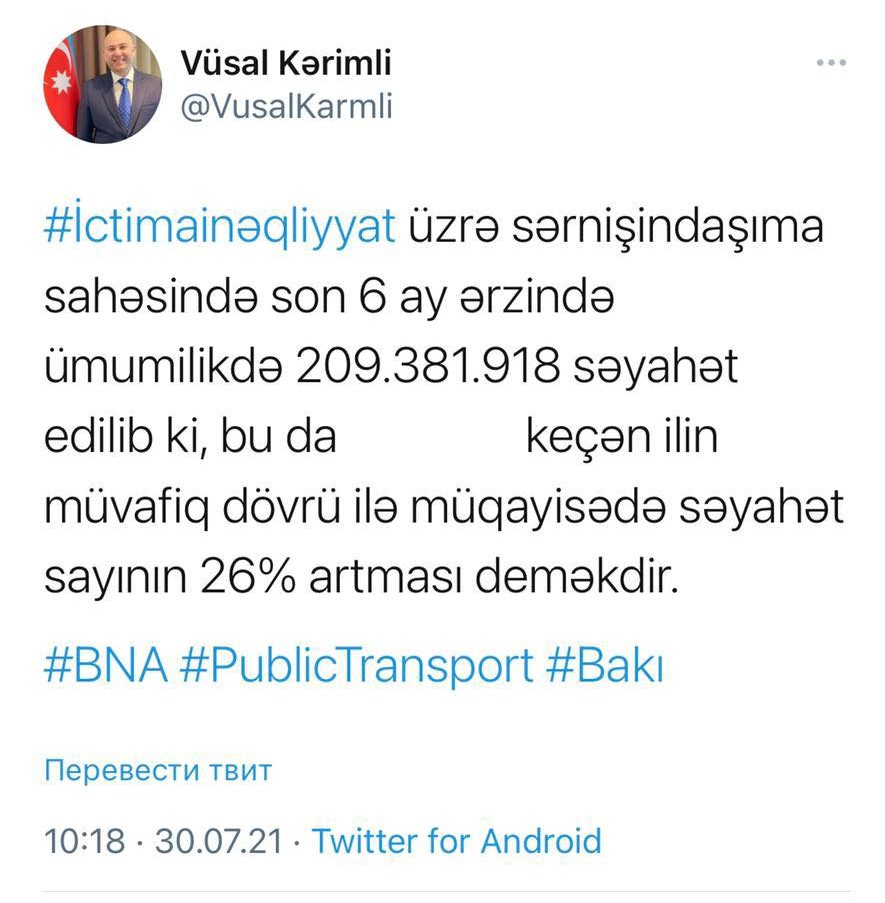 Vüsal Kərimli: "Bakıda sərnişindaşıma 26% artıb"
