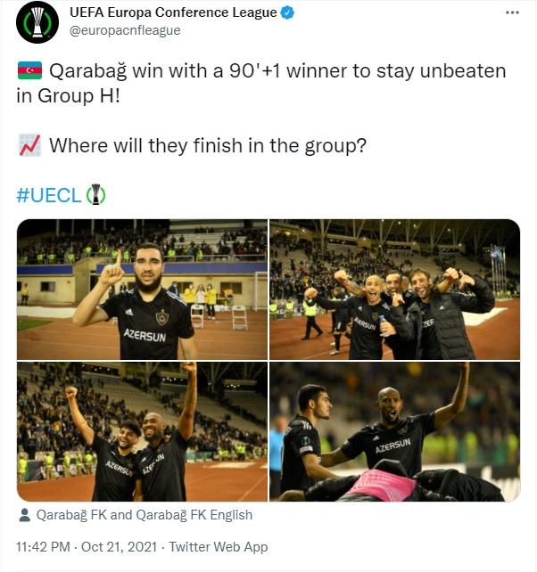 UEFA "Qarabağ"ın əzmkar qələbəsi ilə bağlı paylaşım etdi