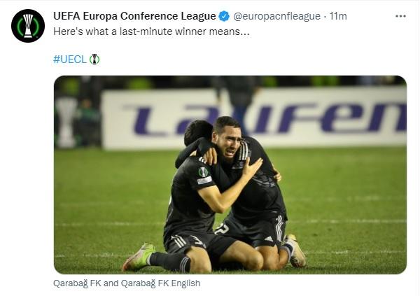 UEFA "Qarabağ"ın əzmkar qələbəsi ilə bağlı paylaşım etdi
