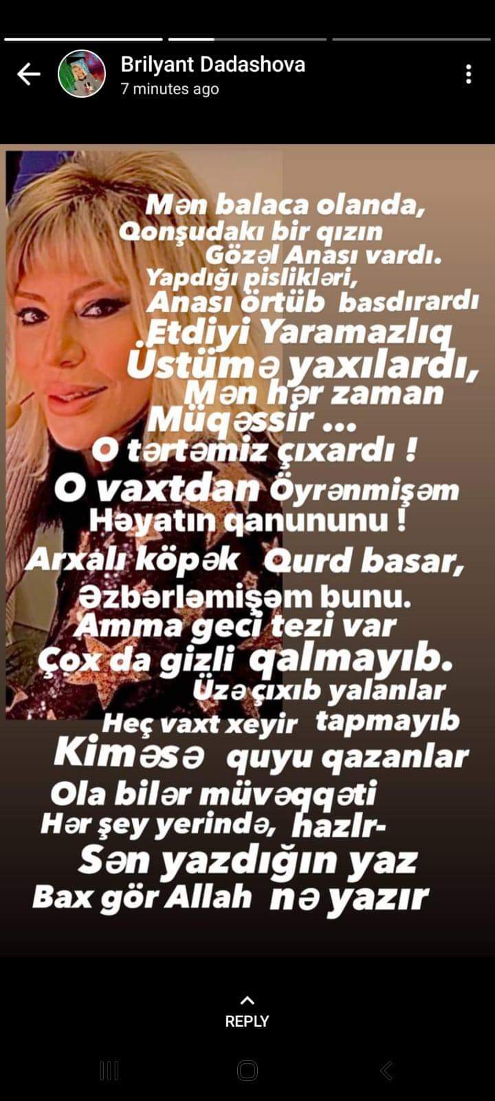 Brilliant Dadaşova yazdığı şeirlə gündəmə gəldi: "Etdiyi yaramazlıq üstümə yaxılardı"