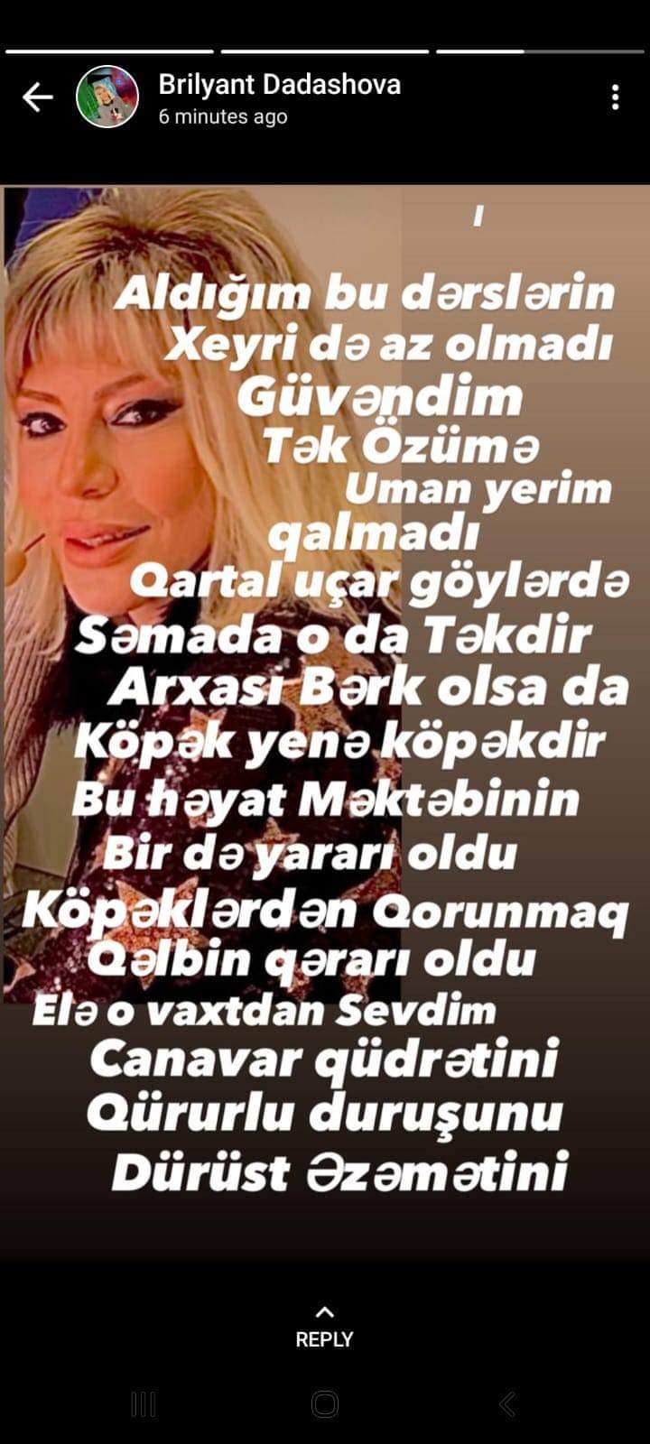 Brilliant Dadaşova yazdığı şeirlə gündəmə gəldi: "Etdiyi yaramazlıq üstümə yaxılardı"