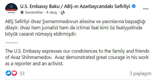 ABŞ səfirliyindən Əvəz Hafizli ilə bağlı paylaşım