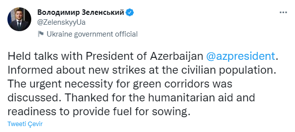 Zelenski AÇIQLADI: Azərbaycan Ukraynanı əkin üçün yanacaqla təmin etməyə hazırdır