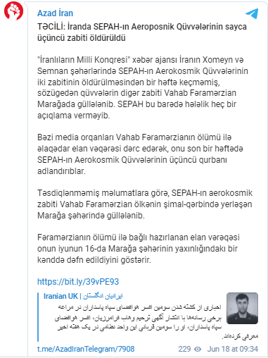 İranda SEPAH-ın Aerokosmik Qüvvələrinin sayca üçüncü zabiti öldürüldü - FOTO