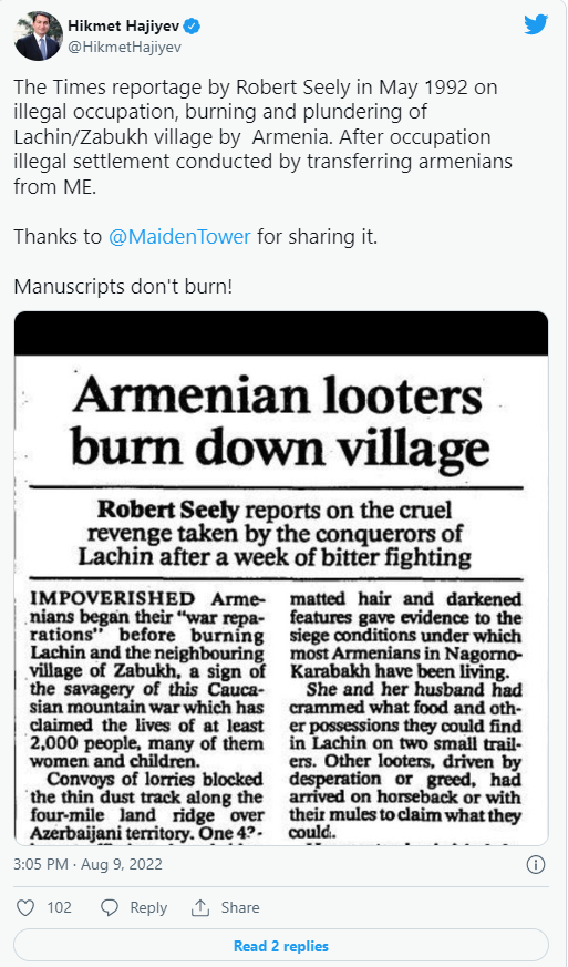 Hikmət Hacıyevdən Laçınla bağlı paylaşım: “Əlyazmalar yanmaz!” - FOTO