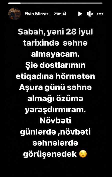 “Aşura günündə səhnəyə çıxmayacam” – Müğənni Elvin Mirzəzadə