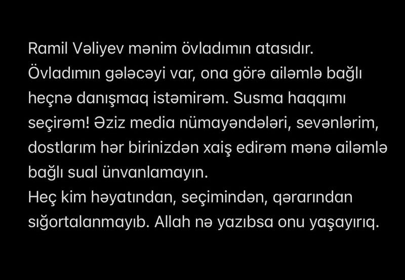 Aysun İsmayılova boşanması ilə bağlı paylaşım etdi – FOTO