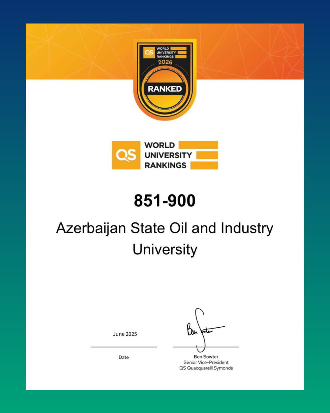 ADNSU-nun növbəti beynəlxalq uğuru: Universitet QS reytinqində 851–900-cü mövqedə qərarlaşıb
