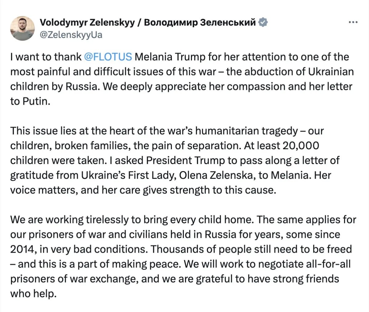 Zelenski Melania Trampa təşəkkür etdi: "Onun mərhəməti bu işə güc qatır"