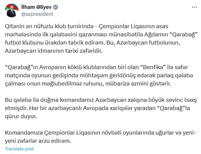 İlham Əliyev "Qarabağ"ı təbrik etdi - FOTO